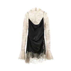Elegant satin blommig spets patchwork miniklänning för kvinnor oregelbunden fåll långärmade klänningar dam 2026 Chic kvällsfest Vestidos