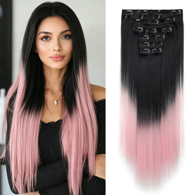 6 ชิ้น 24 นิ้วสี Ombre คลิปต่อผมยาวสังเคราะห์ตรง Hairpieces Layered นุ่มคลิปที่มองไม่เห็น Ins Extensions