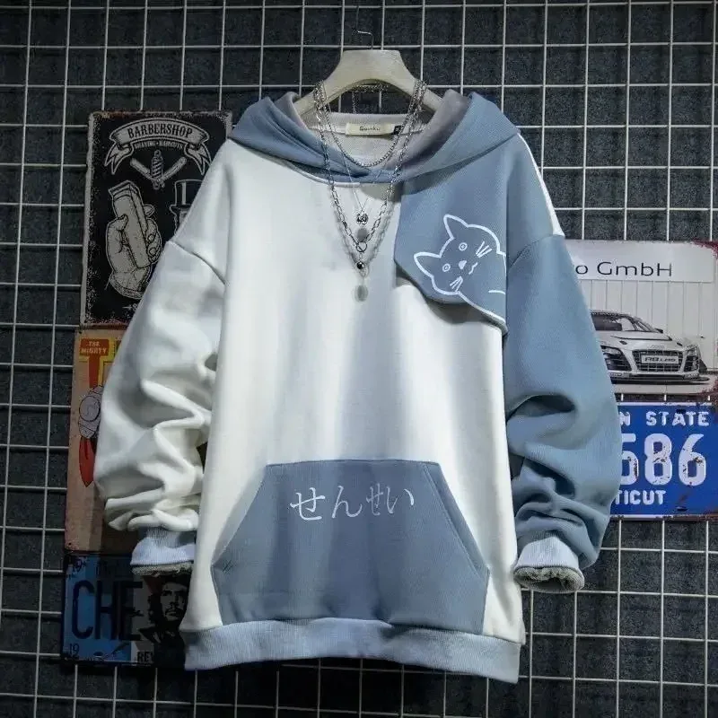 Japonský styl jaro podzim muži mikina s kapucí s kapucí roztomilý kočičí potisk Patchwork mikiny pro teenagery módní anime pánská mikina Harajuku