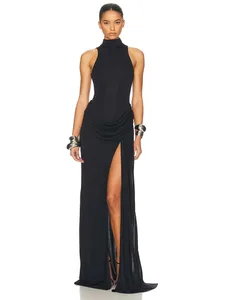 Blifanbo Turtleneck Gaun Maxi Berlipat Pinggang Tinggi Belahan Paha Tanpa Lengan Bahu Terbuka untuk Wanita Gaun Pesta Klub Fashion Elegan