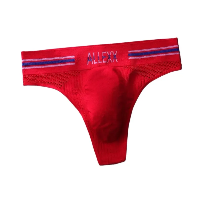 1pc Men's G-String Underwear 3D Bulge Pouch Striped Letter Printing Briefs Elastic Mesh Breathable Comfortable Thongs