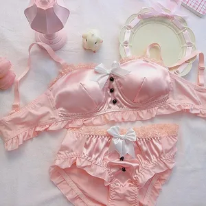 Japanese Sweet Retro Lingerie Set Soft Cute Bow Sleepwear Comfortable No Steel Ring Bra for Small Chest