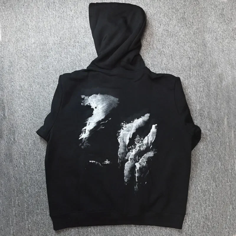 Japanese Style Men's Pullover Hoodies Sweatshirts Autumn Landscape Painting Print Heavyweight Thicken Hooded Outdoor Sportswear