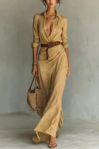 Moda feminina sólido vestido de festa de férias elegante lapela botão drapeado vestido longo casual manga longa jogo com cinto camisa vestido