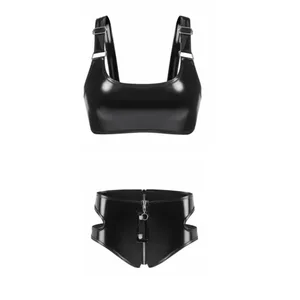女性のウェットルック PVC フェイクレザーブラジャーランジェリーセットノンワイヤー裏地なし Bralette パンクジッパー股ブリーフクラブウェア新しい