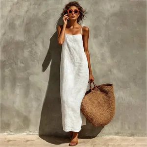 Robe longue d'été pour femmes, couleur unie, décontractée, confortable, Slip, sable, vêtements de plage, dos nu, sans manches, ample, Maxi, robes de vacances
