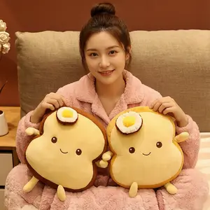 25/35cm Fried Egg Plush Sop Toast Bread Pillow Smiling Cute Burnt Brown Food Plushie Back Support Cushion Decor Appeasing Gift