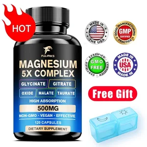 Magnesiumpillen-Ergänzungsmittel, 5-in-1-Komplex, Glycinat, Citrat, Malat, Tauratoxid, unterstützt Stress, Muskeln, Knochen, Herz, Schlaf
